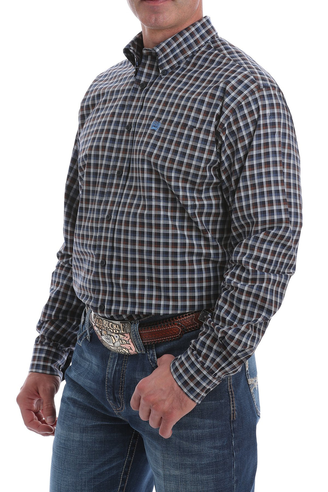 Cinch Men's Button-Down Western Shirt-Navy, White and Brown