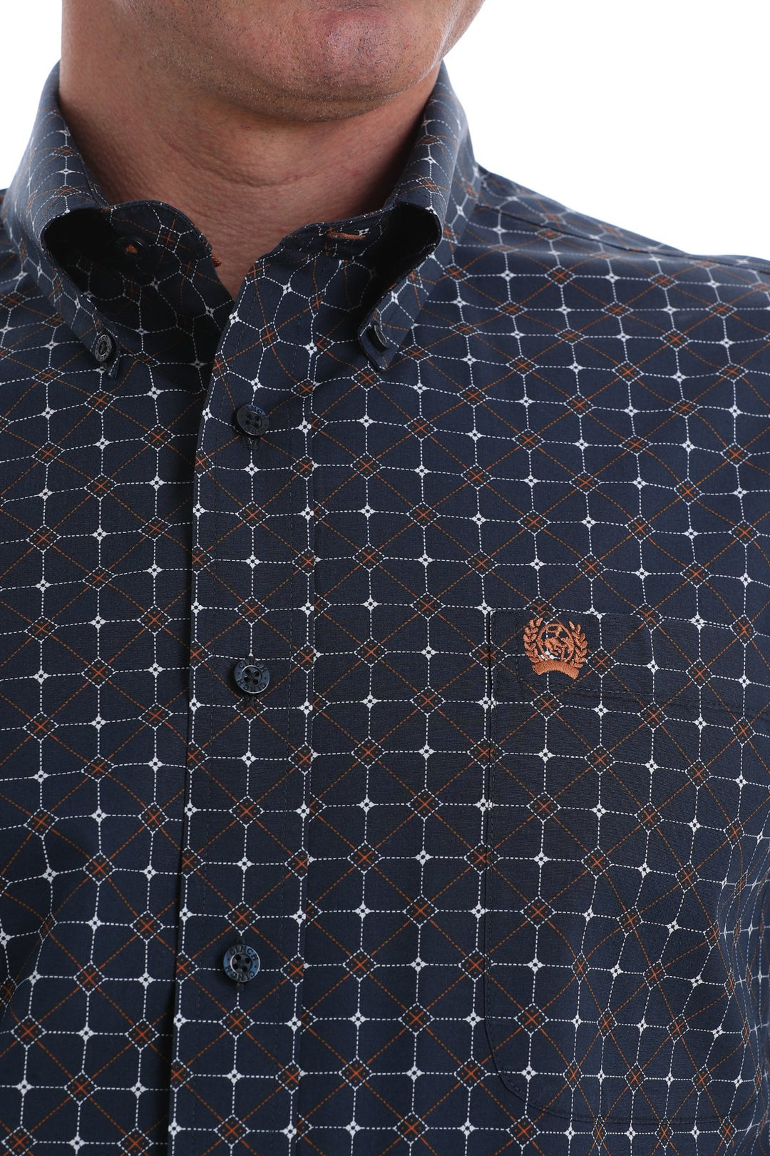 Cinch Men's Geometric Print Button-Down Western Shirt-Navy, Brown and White