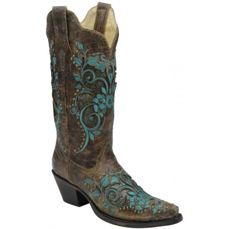 Corral Boots Dark Antique Saddle/ Turquoise Inlay & Studs R1213 - West 20 Saddle Co.