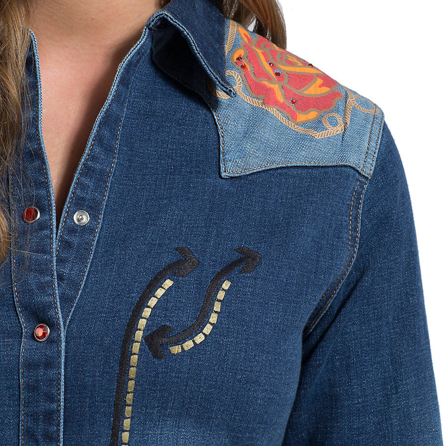 Wrangler Rodeo Quincy Denim Floral Screen Print Long Sleeve Snap Shirt - West 20 Saddle Co.