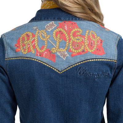Wrangler Rodeo Quincy Denim Floral Screen Print Long Sleeve Snap Shirt - West 20 Saddle Co.